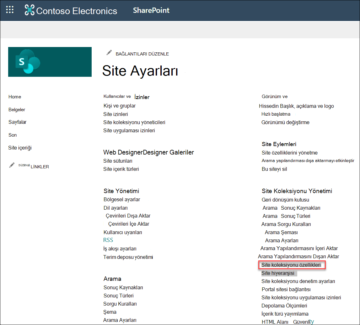 Site koleksiyonu özelliklerini seçmenin ekran görüntüsü