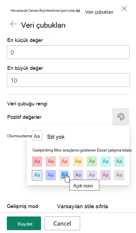 SharePoint listesi sütununda veri çubuklarını biçimlendirme seçenekleri.