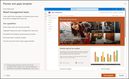 Seçili Microsoft site şablonunun önizleme penceresi.