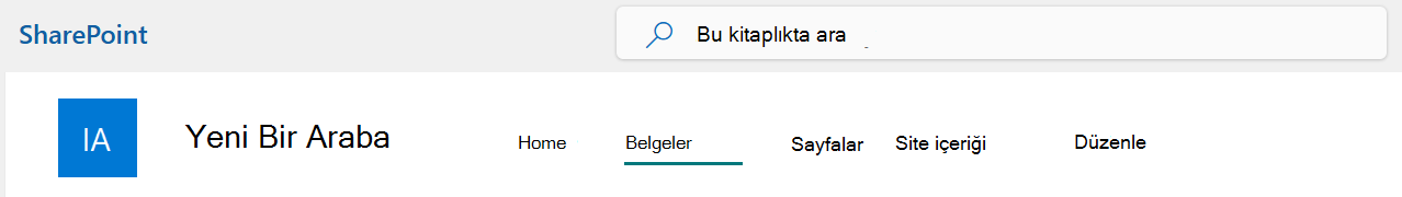 Belgeler seçeneğinin seçili olduğu SharePoint Sitesi üst çubuk menüsü.