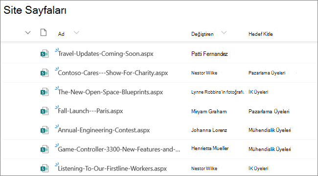 SharePoint sitesi sahibi veya yöneticisi için, hedef kitle hedeflemeyle ayarlanmış Haber Gönderilerini gösteren Site Sayfaları görünümü
