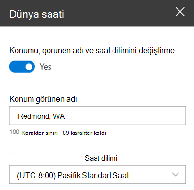 SharePoint siteleri için Dünya Saati web bölümünün görünen ad ve saat dilimini özelleştirmeyi gösteren araç kutusu