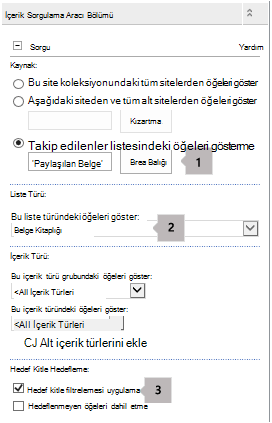 Üç belirtme çizgisiyle İçerik Sorgusu Web Bölümü özellikler listesi