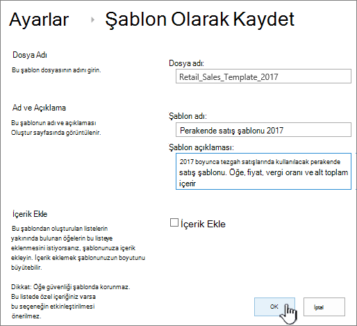 Şablon sayfası olarak kaydetme