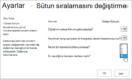 Tek bir soruda açılan listenin vurgulandığı soru sırasını değiştir iletişim kutusu