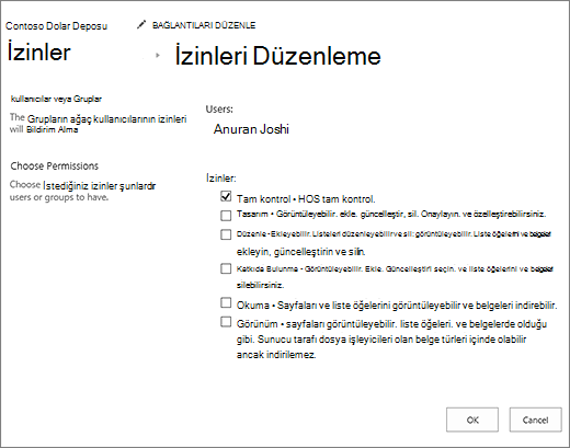 İzinler iletişim kutusunda izin düzeylerini değiştirme