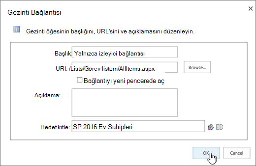Tamam seçeneğinin vurgulandığı gezinti bağlantısı özellikleri.