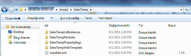 Sıkıştırması açılmamış Web Çözüm Paketi’nin (.wsp) görüntülendiği Windows Explorer ekran görüntüsü.