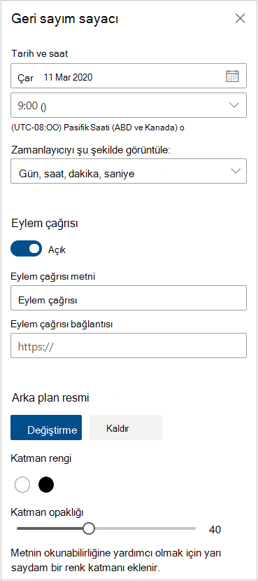 Geri sayım sayacı ayarları