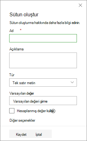 Sütun oluştur paneli