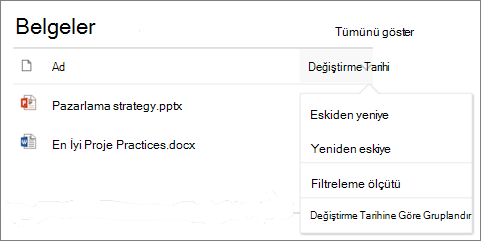 Sıralama, filtreleme ve gruplandırma menüsünün gösterildiği Belge Kitaplığı web bölümü