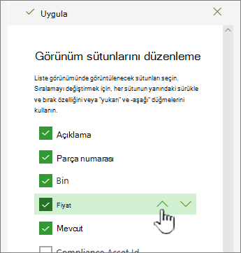 Yukarı veya aşağı ok tuşlarını kullanın ya da sütun konumunu sürükleyip bırakın