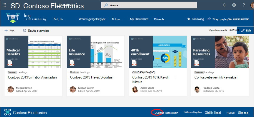 SharePoint iletişim sitesi alt bilgisine bağlantı ve etiket ekleme veya buradaki etiketleri düzenleme.