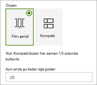 Olaylar web bölümü özellik bölmesinde düzen seçimi.