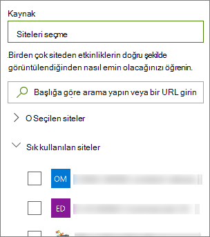 Etkinlikler için kaynak seçme
