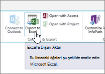 Şeritte vurgulanmış SharePoint Excel’e Aktar düğmesi