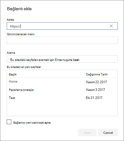 Bağlantı ekle iletişim kutusu