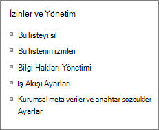 Liste izinleri ve Yönetim Ayarları bağlantıları