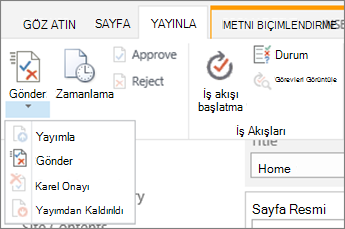 Düzenleme modunda Yayımla sekmesindeki Gönder, yayımla düğmeleri.