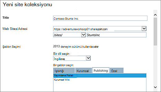 Üst yarıda Yayımlama Portalı'nın vurgulandığı Yeni Site koleksiyonu iletişim kutusu