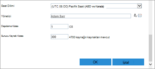 Saat dilimi ve kotalar bölümünün bulunduğu yeni site koleksiyonu iletişim kutusu.