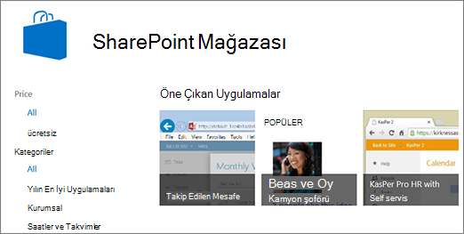 SharePoint Mağazası uygulaması seçiminin görünümü