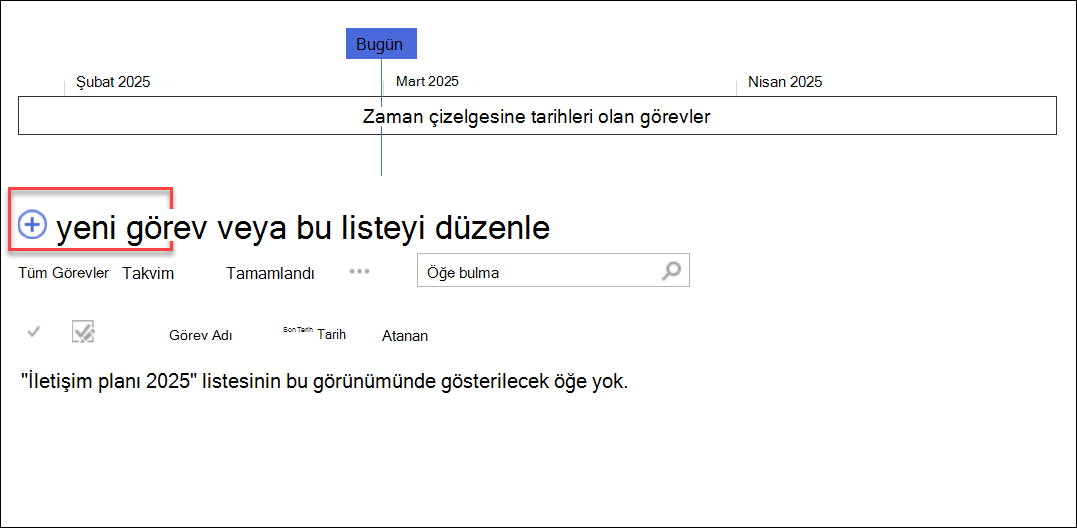 Görev zaman çizelgesi, görevleri eklemek için Yeni + öğesine tıklayın