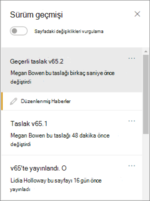 Sürüm geçmişi bölmesi