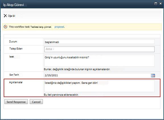 İstenen değişiklik tamamlandığında gönderilen form