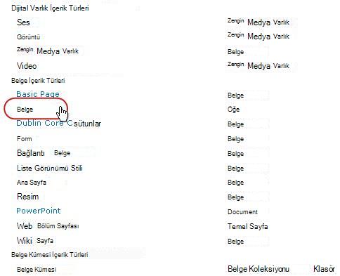 Türün vurgulandığı Belge İçerik Türleri