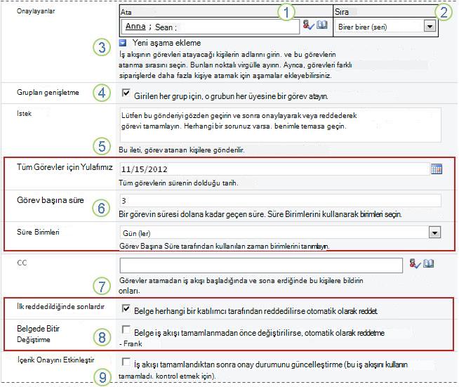 Alanların belirtildiği İş Akışı Ekle varsayılan değerleri
