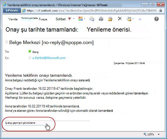 Geçmiş bağlantısını vurguluyken iş akışı tamamlandı bildirimi