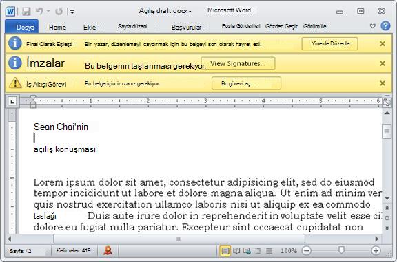 Üç sarı ileti çubuğuyla gözden geçirilecek öğe
