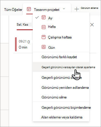 Listeler'de Geçerli görünümü varsayılan olarak ayarla komutunun nasıl seçileceğini gösteren ekran görüntüsü.