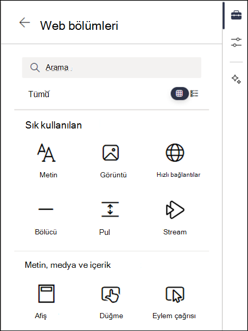 Araç kutusundaki düzey 2'de listelenen web bölümleri