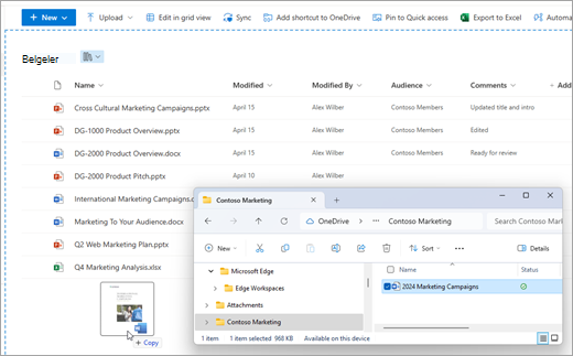 Dosyaları Dosya Gezgini'dan sürükleyip SharePoint belge kitaplığınıza bırakın.