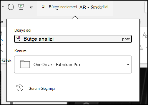Office 365 için Word’de belge başlığından gelen açılan menü