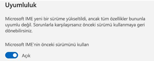 Microsoft IME uyumluluk bölümünün ekran görüntüsü
