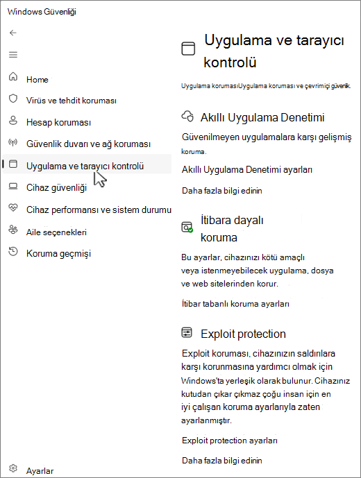 Windows Güvenliği uygulamasının uygulama ve tarayıcı denetimi sayfasının ekran görüntüsü.