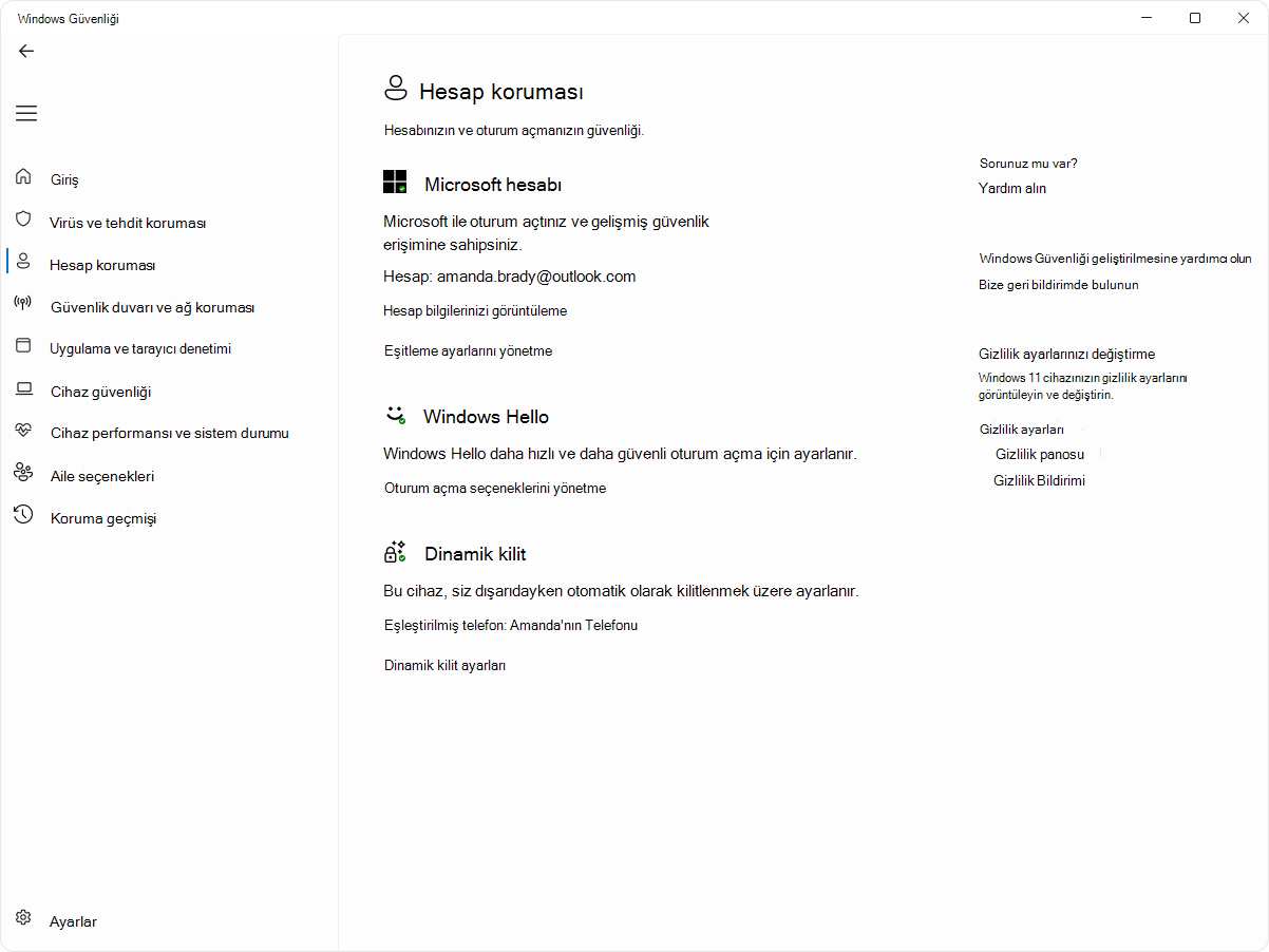 Windows Güvenliği Windows GüvenliğiWindows Güvenliği uygulamasının hesap koruma sayfasının ekran görüntüsü.