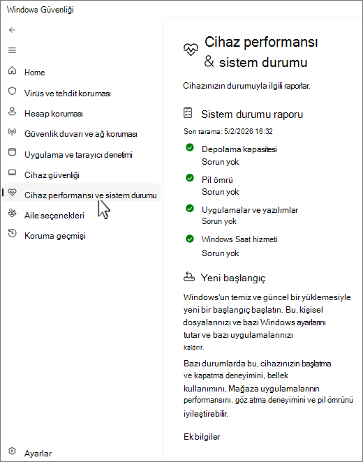 Windows Güvenliği uygulamasının cihaz ve performans sayfasının ekran görüntüsü.