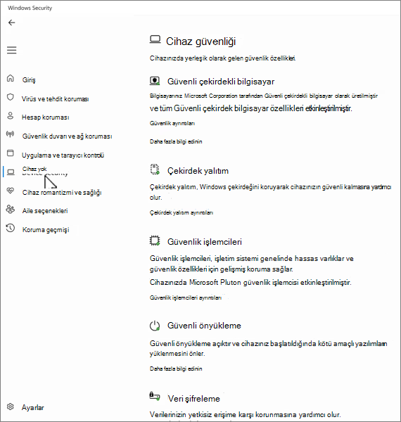 Windows Güvenliği Windows GüvenliğiWindows Güvenliği uygulamasında cihaz güvenlik ekranının ekran görüntüsü.