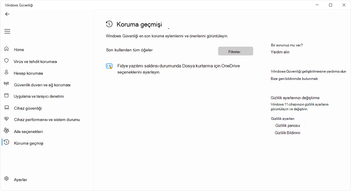 Windows Güvenliği uygulamasının koruma geçmişi sayfasının ekran görüntüsü.