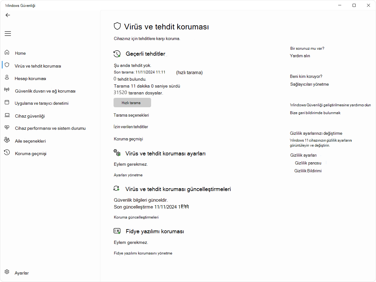 Windows Güvenliği uygulamasının virüs ve tehdit koruması sayfasının ekran görüntüsü.