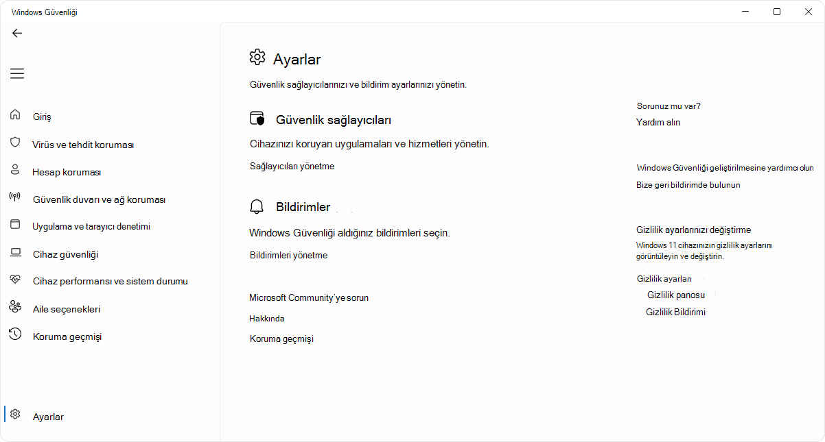 Windows Güvenliği Windows GüvenliğiWindows Güvenliği uygulamasının ayarlar sayfasının ekran görüntüsü.
