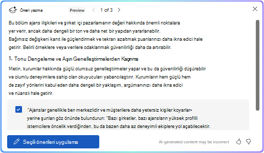 TWordWord'de Copilot'ta seçili öneriler seçeneğini uygula