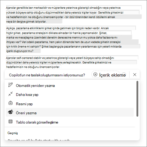 TWordWord'de Copilot'ta yazma önerileri seçeneği