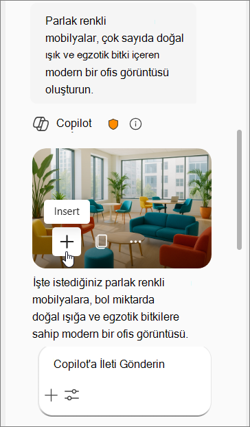 Renkli mobilyalar, doğal ışık ve egzotik bitkiler içeren modern bir ofis resmiyle ilgili Copilot istemini ve ardından dört resmi gösterir.
