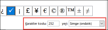 Yeri alanı, size bunun bir ASCII simgesi olduğunu belirtir