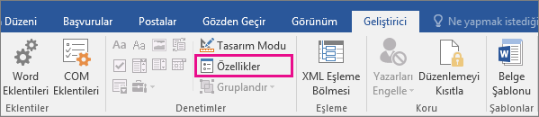The Properties option is highlighted on the Developer tab.
